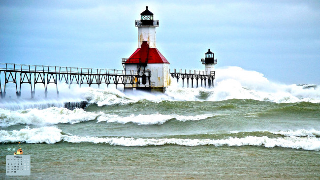 Обои картинки фото календари, природа, 2018, водоем, маяк, волна