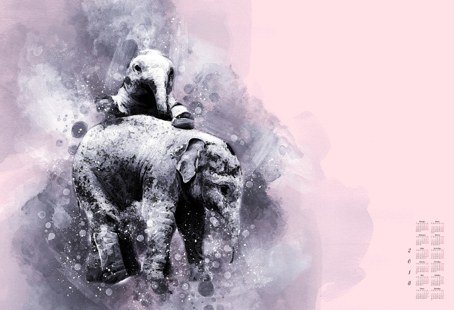 Обои картинки фото календари, компьютерный дизайн, двое, слон, 2018