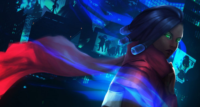 Обои картинки фото видео игры, league of legends, взгляд, плащ, город, неон, ekko