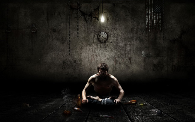 Обои картинки фото разное, компьютерный дизайн, мужчина, лампочка, часы, помещение, бутылки