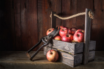 Картинка еда яблоки доски веревка красные фрукты натюрморт ящик