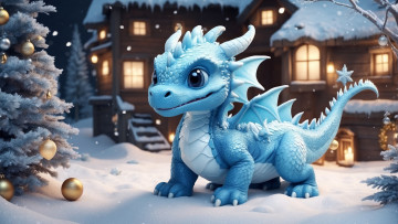 Картинка 3д+графика фантазия+ fantasy зима снег природа снежный дракон рождество новый год дракончик