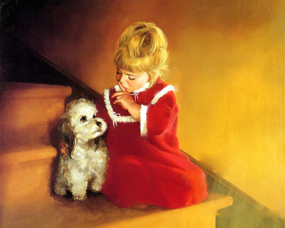 Обои картинки фото рисованное, donald zolan, девочка, собака, лестница, ступени