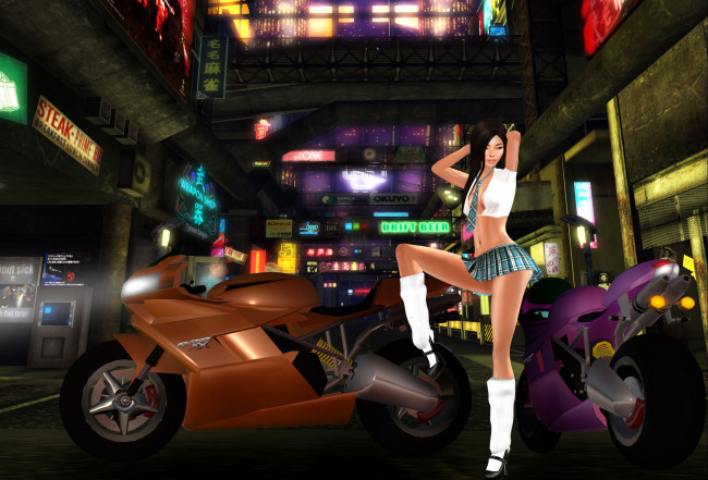 Обои картинки фото 3д, графика, people, люди, мотоциклы, юбка, гольфы, галстук, девушка, брюнетка