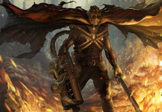 Картинка фэнтези люди иной мир киборг огонь оружие