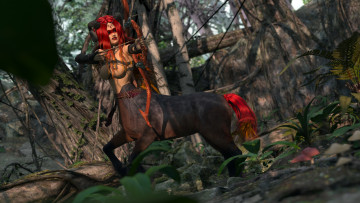 Картинка 3д+графика fantasy+ фантазия лес лук девушка минотавр