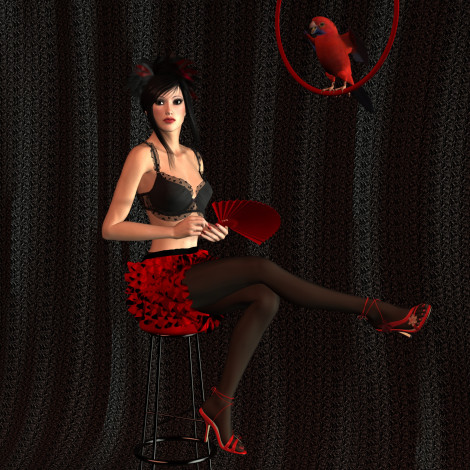 Обои картинки фото 3д графика, people , люди, девушка, веер, попугай