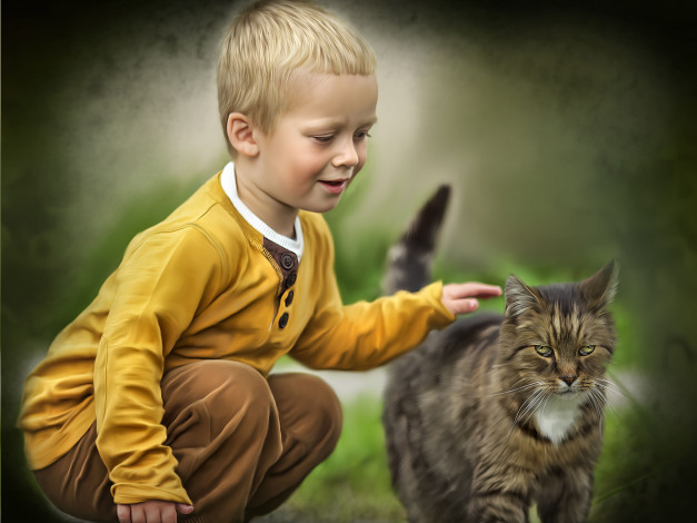 Обои картинки фото рисованные, дети, мальчик, кот, текстура