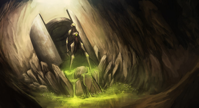 Обои картинки фото фэнтези, существа, существо, капсула, трава, пещера