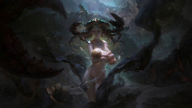 Обои картинки фото фэнтези, существа, младанец, краб, рыба