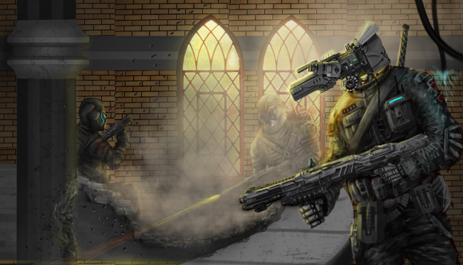 Обои картинки фото фэнтези, роботы,  киборги,  механизмы, иной, мир, киборг, воины, будущее