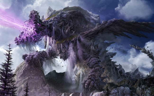 Обои картинки фото фэнтези, существа, монстр, каменный, гигант, чудовище, горы