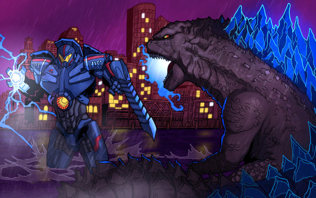 Обои картинки фото godzilla vs gipsy danger, фэнтези, роботы,  киборги,  механизмы, робот, gipsy, danger, годзилла, pacific, rim, битва, godzilla