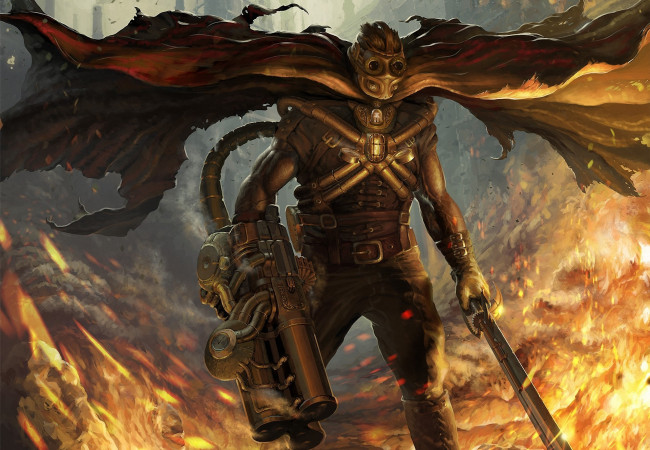 Обои картинки фото фэнтези, люди, иной, мир, киборг, огонь, оружие