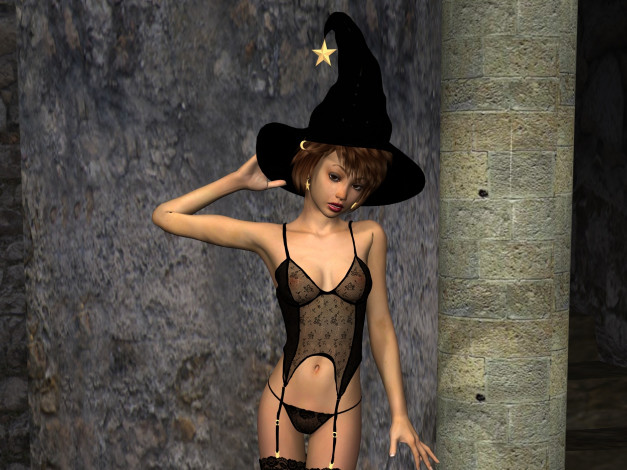 Обои картинки фото 3д графика, праздники , holidays, halloween, шляпа, фон, взгляд, девушка