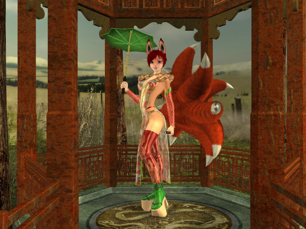 Обои картинки фото 3д графика, существа , creatures, зонтик, кошка, фон, взгляд, девушка