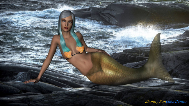 Обои картинки фото 3д графика, существа , creatures, русалка, море, ракушки, взгляд