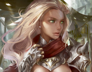 Картинка фэнтези девушки арт доспехи зеленые глаза взгляд профиль блондинка девушка