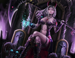 Картинка фэнтези демоны взгляд рога демонесса демоница арт коса черепа трон поза эротика