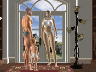 обоя 3д графика, люди , people, девушка, взгляд, фон, мужчина, ребенок, семья