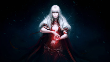 Картинка фэнтези девушки арт девушка красные цветы руки темный фон мех блондинка