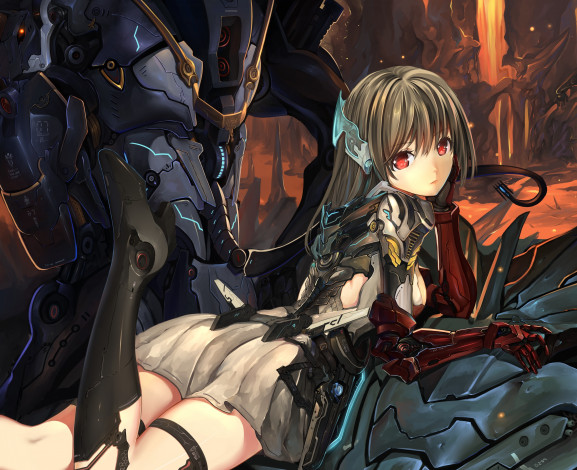 Обои картинки фото аниме, оружие,  техника,  технологии, фон, взгляд, девушка