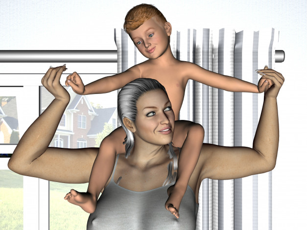 Обои картинки фото 3д графика, люди , people, девушка, взгляд, фон, мальчик, мать, сын