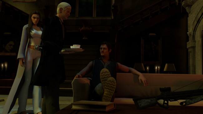 Обои картинки фото 3д графика, фантазия , fantasy, девушка, взгляд, фон, оружие