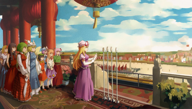 Обои картинки фото аниме, touhou, chen, hakurei, reimu, hieda, no, akyu, hoshiguma, yuugi, ibuki, suika, kazami, yuuka, saigyouji, yuyuko, yakumo, ran, yukari, bin