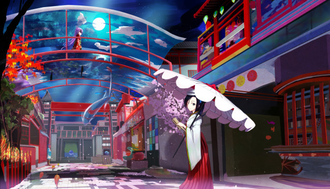 Обои картинки фото автор,  tagme , artist, аниме, город,  улицы,  здания, мост, ночь, облака, луна, девочки
