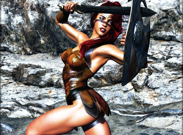 Обои картинки фото 3д графика, фракталы , fractal, девушка, взгляд, фон, оружие