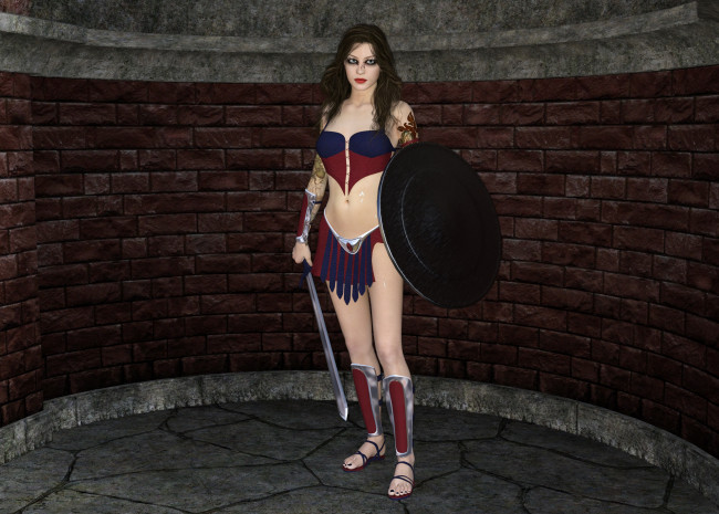 Обои картинки фото 3д графика, фантазия , fantasy, девушка, взгляд, фон, оружие