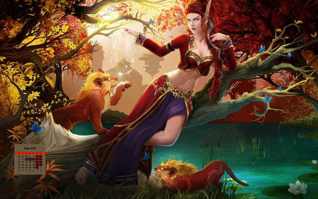 Обои картинки фото календари, фэнтези, взгляд, животное, 2018, водоем, деревья, девушка