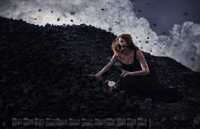 Обои картинки фото календари, фэнтези, респиратор, 2018, девушка, взгляд, цветок