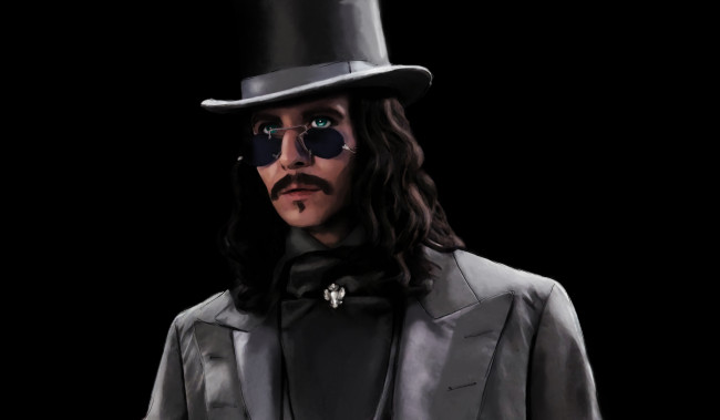 Обои картинки фото рисованное, кино, фон, мужчина, цилиндр, очки