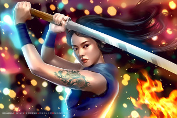 Картинка календари фэнтези оружие тату боке пламя девушка calendar 2020