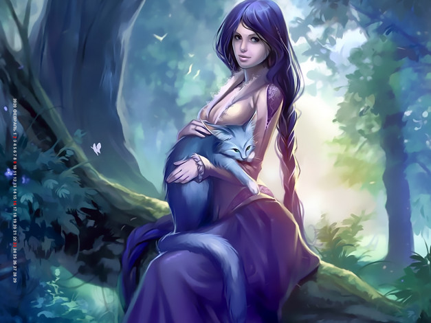 Обои картинки фото календари, фэнтези, кошка, девушка, природа, растение, животное, дерево, calendar, 2020