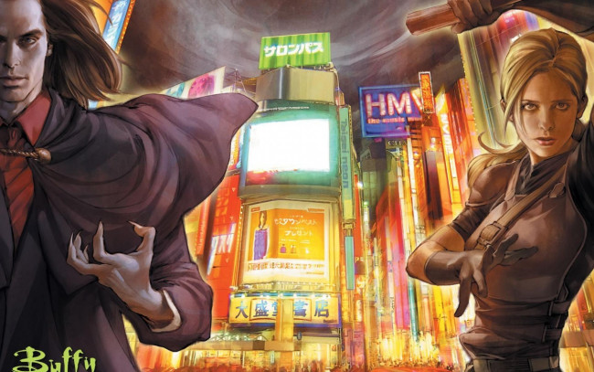Обои картинки фото фэнтези, _buffy,  the vampire slayer, огни, город, вампир, баффи