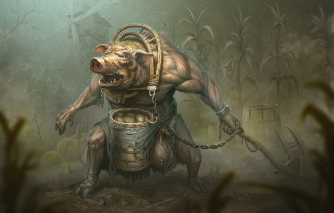 Обои картинки фото фэнтези, существа, свинья, монстр, чудище, поза, взгляд, страшилище, еда