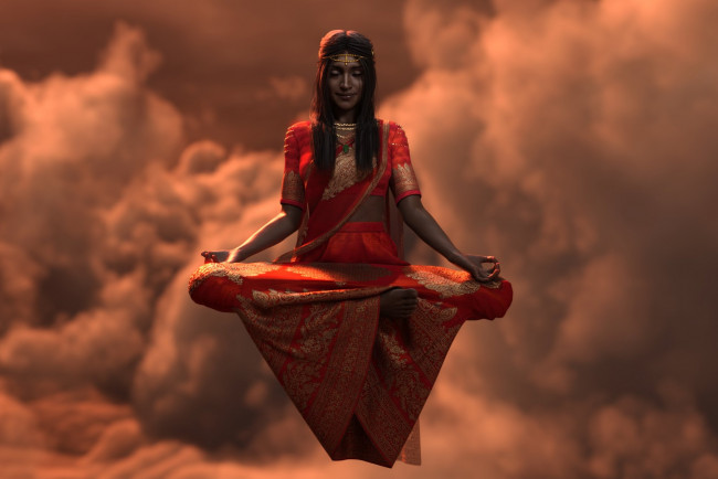 Обои картинки фото 3д графика, фантазия , fantasy, фон, девушка, улыбка, полет