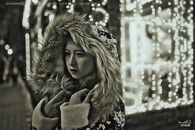 Обои картинки фото календари, компьютерный дизайн, улица, боке, женщина, calendar, мех, азиатка, девушка, 2020