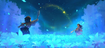 Картинка аниме пейзажи +природа девочки игра цветы