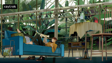 Картинка аниме город +улицы +интерьер +здания парень кот диван стол сад