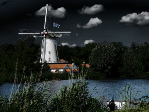 Картинка 3д графика nature landscape природа река мельница