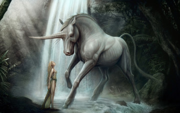Картинка фэнтези единороги девушка водопад