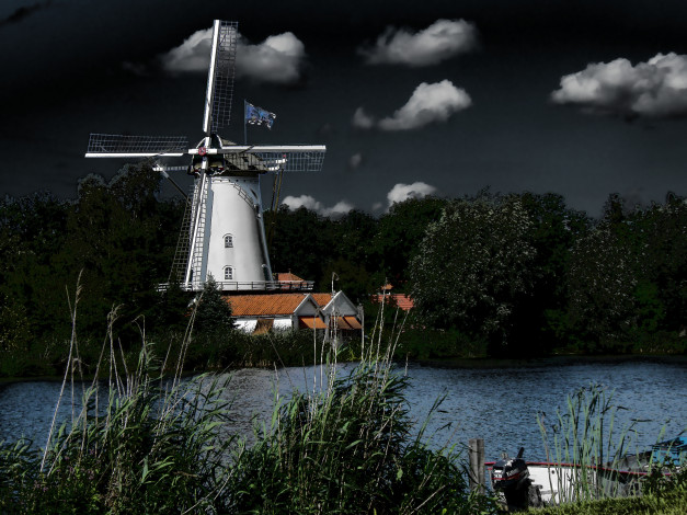 Обои картинки фото 3д, графика, nature, landscape, природа, река, мельница