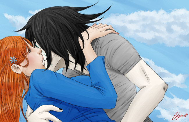Обои картинки фото разное, арты, поцелуй, улькиорра, орихиме, любовь, пара, арт, аниме