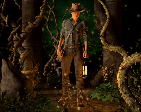 Обои картинки фото 3д графика, люди , people, фонарь, фон, взгляд, мужчина