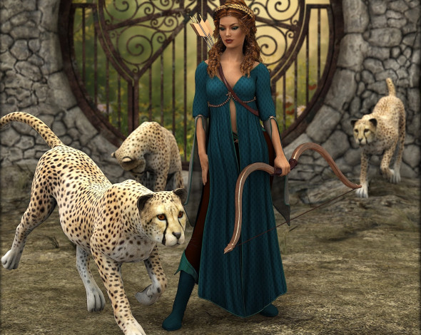 Обои картинки фото 3д графика, люди и животные , people and animals, оружие, взгляд, фон, девушка, тигры