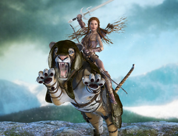 Обои картинки фото 3д графика, эльфы , elves, фон, взгляд, эльфийка, тигр, оружие